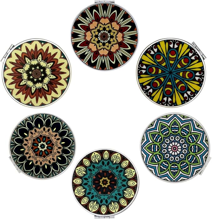 Magnifying Travel Makeup Compact Mirror Small Mirrors Bulk Handheld Pocket Purse Folding Portable Dual Beauty Cosmetics Mini Mirror for Women Girls Lady Men Mandala Mixed Designs 6 Pack