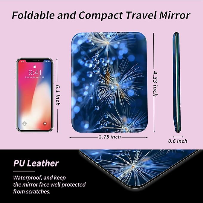 Blue Dandelion Small Folding Travel Mirror Vanity Mirror 4.3"x2.75" PU Leather Portable Adjustable Rectangular Ultrathin Makeup Mirror,for Travel, Camping,Home