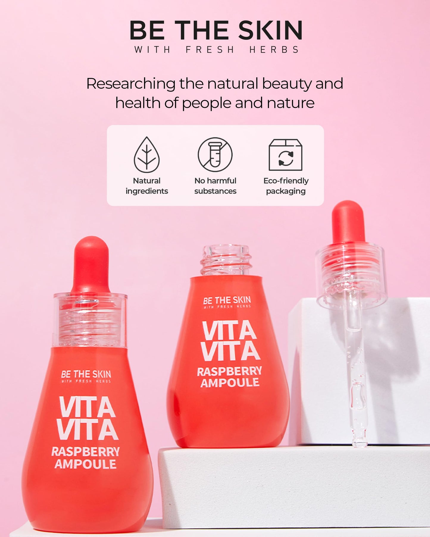 BE THE SKIN Vitavita Raspberry Ampoule - Radiance Boosting Face Serum for Even Skin Tone and Enhanced Elasticity with Niacinamide, Vitamin C, 11 Peptides, 1.01 fl.oz.