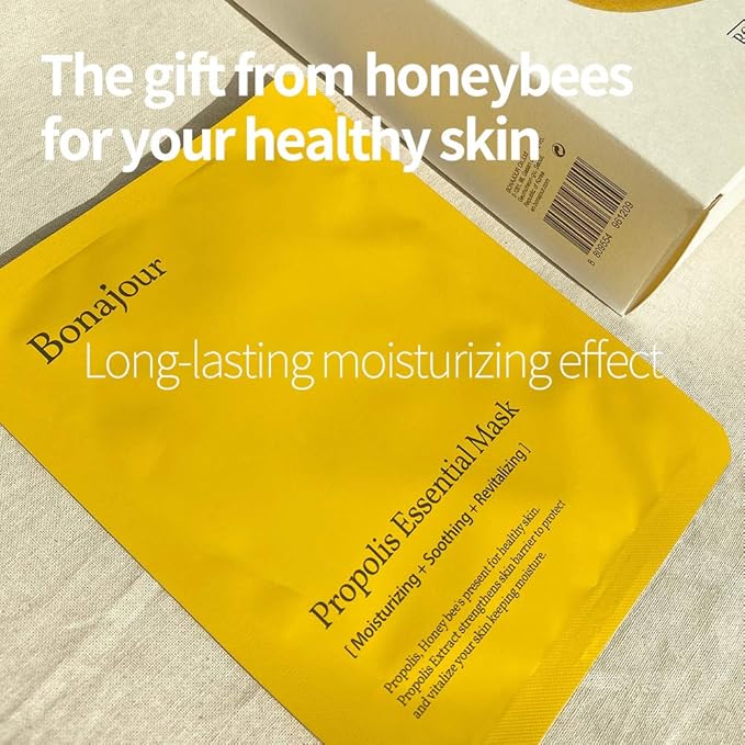 BONAJOUR] Natural Propolis Facial Moisturizing Sheet Mask (10sheet) - Strengthening skin barrier & Soothing Acne Skin, Revitalizing