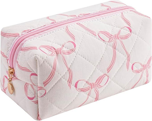 Gleyemor Small Quilted Makeup Bag for Women, Cute Floral Bow Cosmetic Bag, Emergency Bag Travel Toiletry Cotton Pouch Gifts for Girls Her Mom Friend Sister Bridesmaid (Big Pink Bow)