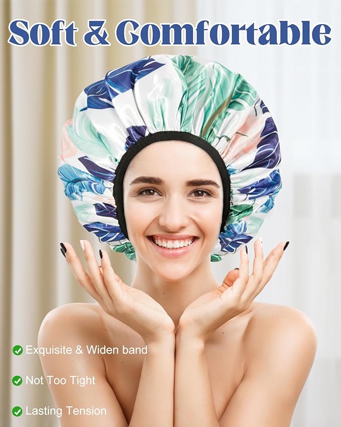 Auban Shower Cap, Terry Lined Shower Caps, 3 Layer Large Shower Cap, Terry Cloth Reusable Shower Caps for Long Thick Hair, Waterproof Hair Cap