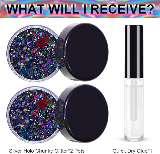 Black Holographic Chunky Glitter Cosmetic Body Hair Face Eye Nail for Festival Carnival Concert Party Beauty Rave Accessories Different Sizes&Shapes 2 Pots 14g/0.5oz+ Quick Dry Primer Glue Gel