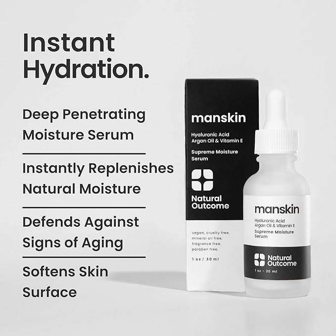 Man Skin Supreme Moisture Serum Mens I Mens Anti-Aging Day & Night Facial Serum I Advanced Moisture Serum with Hyaluronic Acid, Argan Oil & Vitamin E