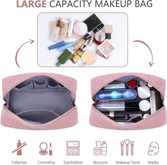 MAGEFY Corduroy Makeup Bag Small Makeup Bag for Purse with Compartments Cute Makeup Pouch Cosmetic Bag for Women Friends Preppy Gifts (Pink, FACE)
