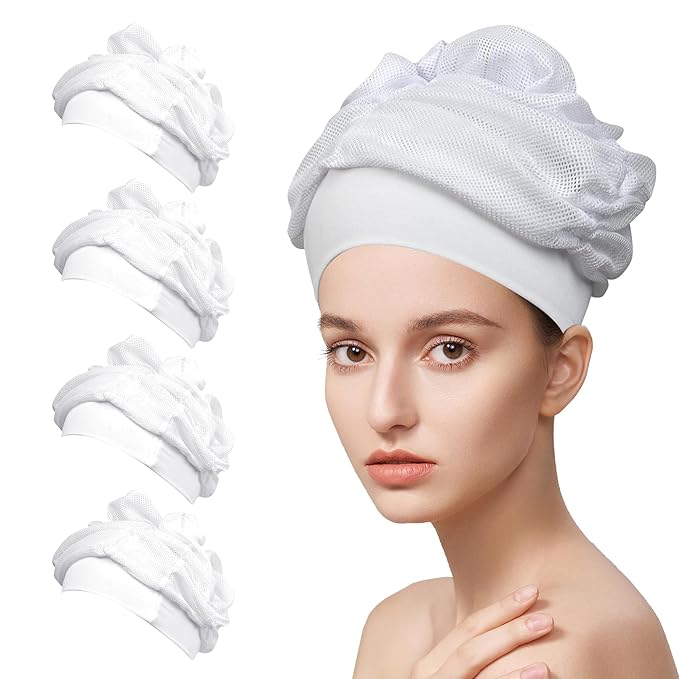 4 Pack Hair Dryer Net plopping Bonnet for Curly Hair, Net Plopping Cap for Drying Curly Hair, Protective Mesh Quick Drying with Adjustable Strap Reusable Washable (White)