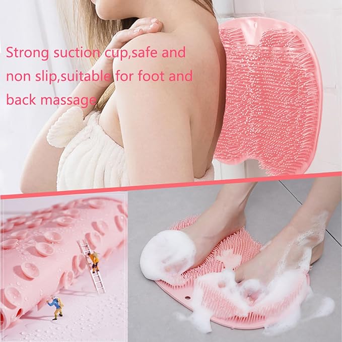 Shower Foot and Back Scrubber Mat,Wall Mounted Shower Foot Scrubber with Suction Cups,Exfoliating Silicone Massage Foot Cleaner for Shower(Pink)