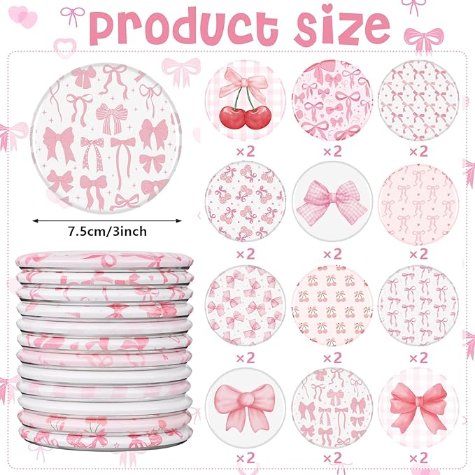 24 Pcs Coquette Pink Bow Compact Mirror Bulk Women Portable Round Mini Pocket Mirrors 12 Styles Pink Bow Aesthetic Makeup Mirror for Bridal Shower Grad Party Favors Birthday Gifts