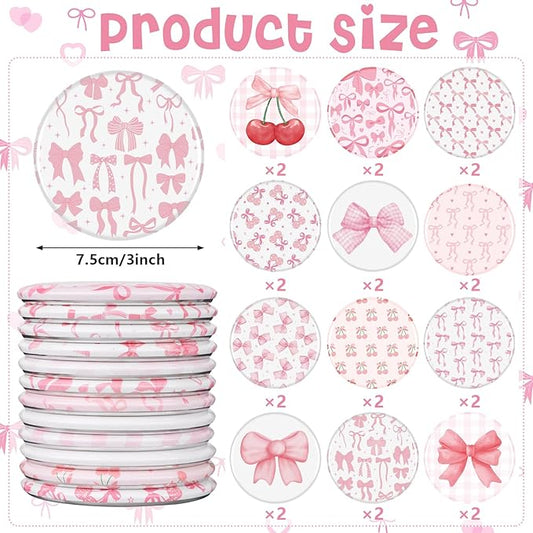 24 Pcs Coquette Pink Bow Compact Mirror Bulk Women Portable Round Mini Pocket Mirrors 12 Styles Pink Bow Aesthetic Makeup Mirror for Bridal Shower Grad Party Favors Birthday Gifts