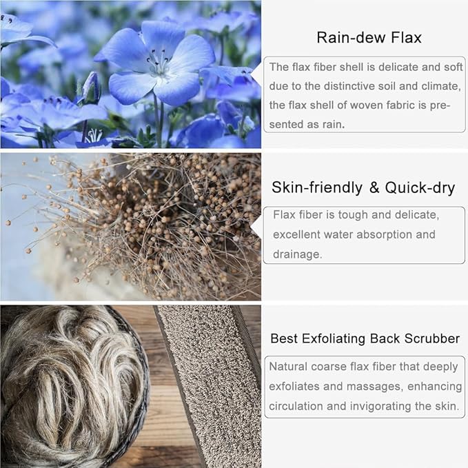 Loofah Back Scrubber for Shower, Natural Soft Flax Back Exfoliator Cleaner for Shower Acne, Extra Long Back Scrub Washer, Dual-Sided Bath Exfoliating Scrubber, Deep Clean&Invigorate Skin for Men/Women