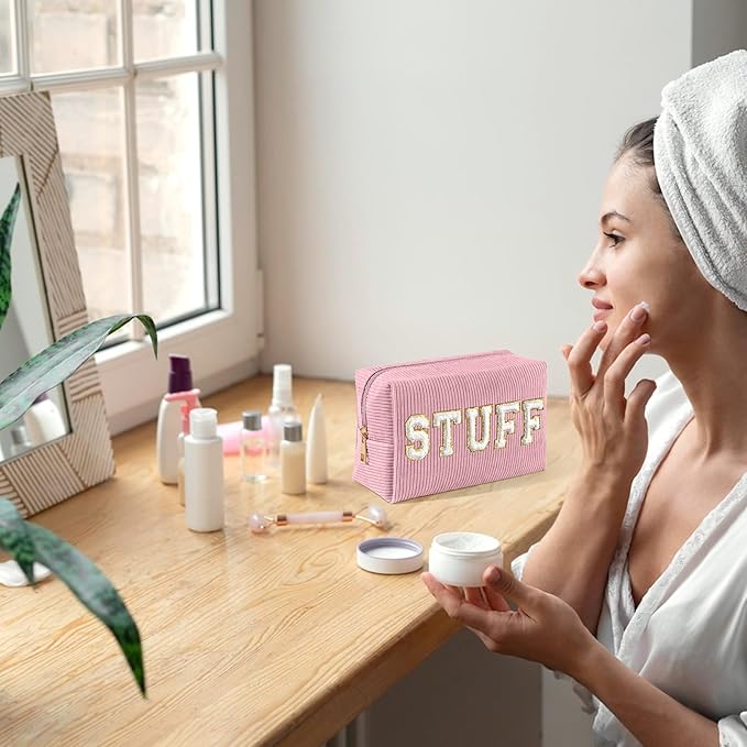 MAGEFY Corduroy Makeup Bag Small Makeup Bag for Purse with Compartments Cute Makeup Pouch Cosmetic Bag for Women Friends Preppy Gifts (Pink, STUFF)