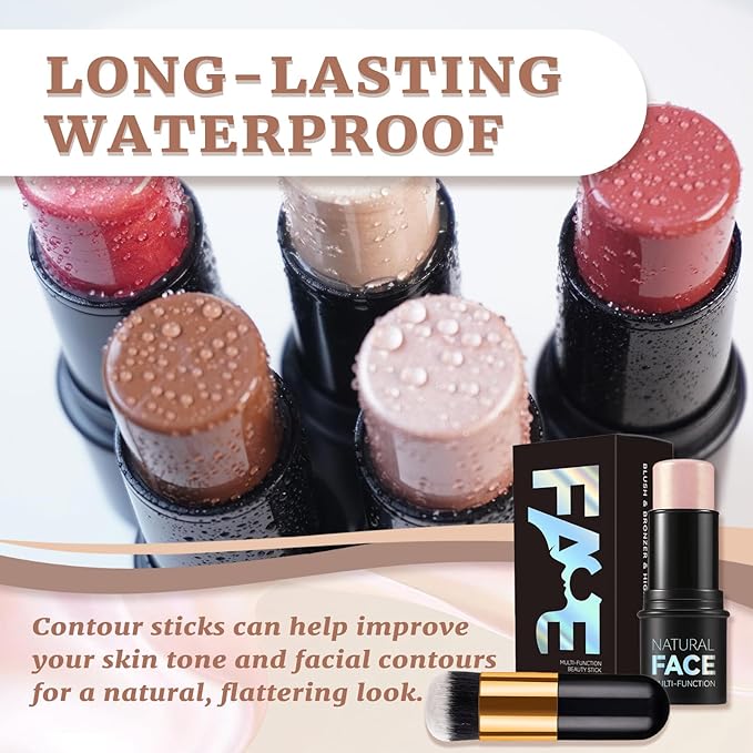 3 Pcs Cream Contour Sticks, Shades with Highlighter Stick, Blush Stick and Bronzer Stick, Contour Stick Eyeshadow Stick Face Contouring Pen Makeup with Contour Brush, Waterproof