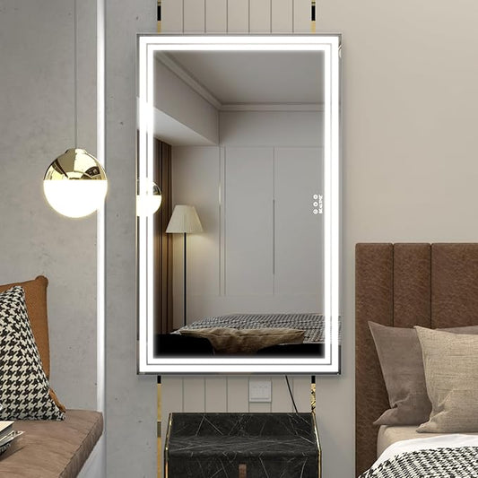 BEAUTME Vanity Mirror, Large Hollywood Mirror with Lights for Tabletop,Lighted Makeup Mirror for Dressing Room & Bedroom, Desktop Mirror/Wall Mounted Mirror 1.8M Cable,Silver(101.6 × 62cm)