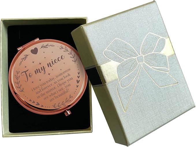 Ming Heng Niece Gift Rose Gold Travel Compact Makeup Mirror,Niece Gift from Aunt and Uncle, Graduation Gifts for Her, Niece Birthday Gift Ideas, Niece Christmas from Auntie Uncle