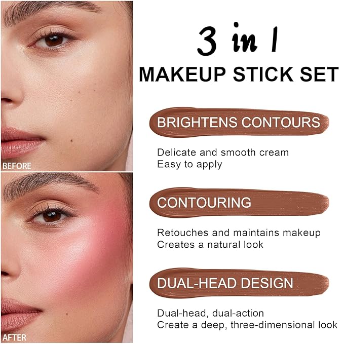 6 Colors Cream Contour Stick Makeup Kit,Shades and Highlighter,Blush and Bronzer Contour Stick for Sculpt the Cheeks,Long Lasting,Waterproof,Matte & Dewy Finish for Woman (SET C)