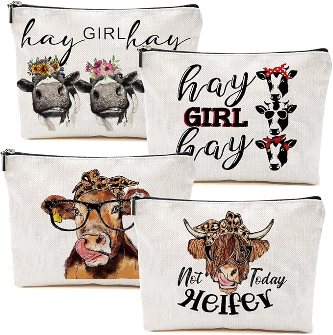 4pcs Funny Print Cow Stuff Western Makeup Bag, Cows Cosmetic Bag Cow Gifts for Women Female Girls Sister BFF, Christmas Birthday Gift, Western Stuff Travel Toiletry Bags