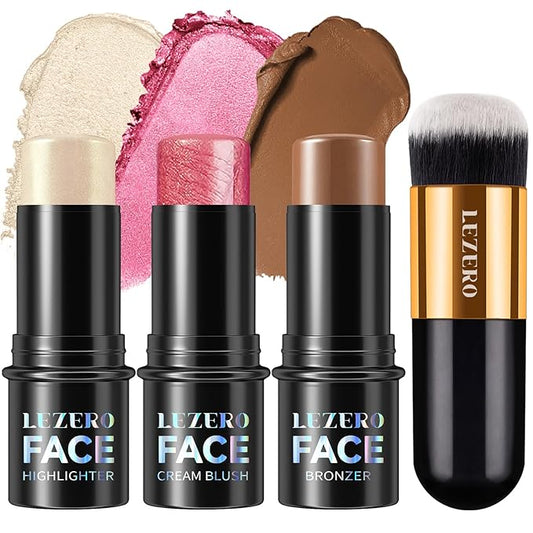 Lezero 3Pcs Contour Stick Makeup Kit, Shades with Highlighter, Blush and Bronzer Trio for Sculpt the Cheeks and Body, Long Lasting,Waterproof, Dewy & Matte Finish, LIGHT (01,03,04)