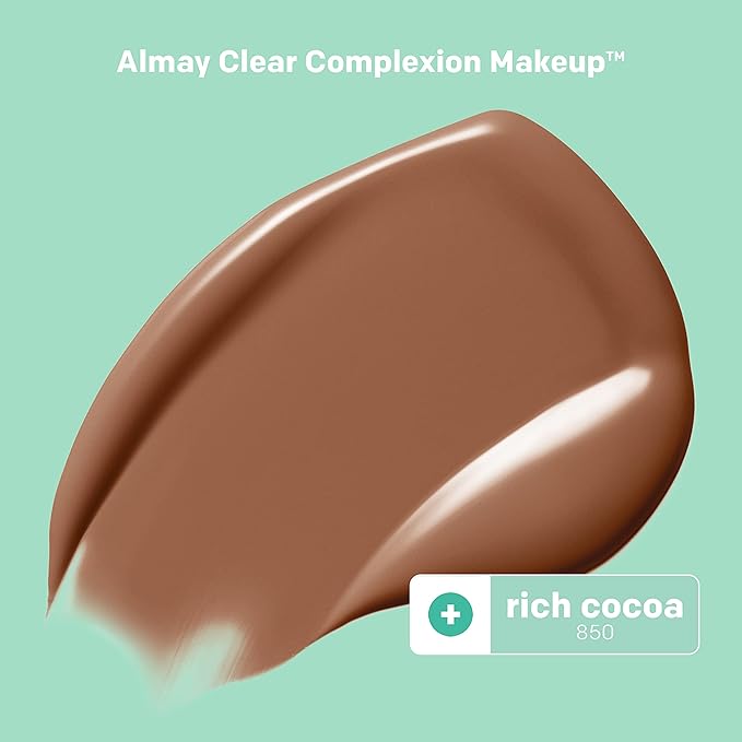 Almay Clear Complexion Acne Foundation Makeup with Salicylic Acid, Medium Coverage, Soft Matte Finish, Hypoallergenic, Cruelty- & Fragrance-Free, Dermatologist Tested, 850 Rich Cocoa, 1 fl oz