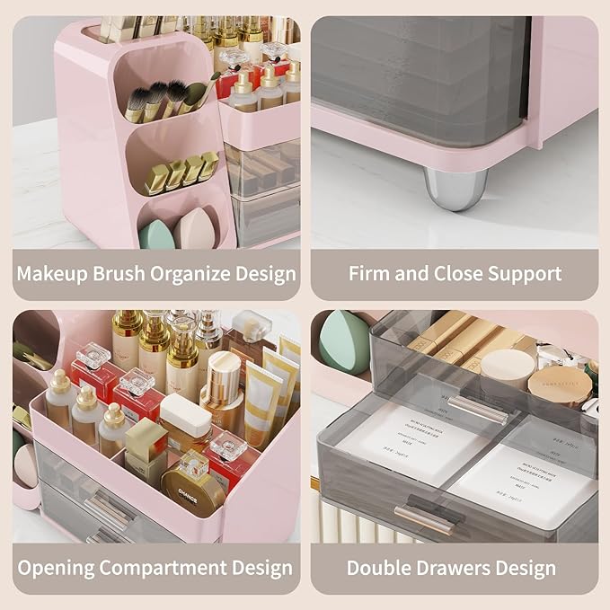 Makeup Organizer with Drawers for Vanity, Make Up Storage Kit, Spacious Cosmetic Display Case, Perfect Storage Solution for Beauty Essentials (Pink)