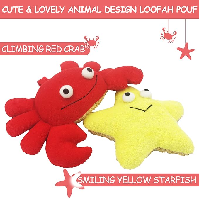 (2 Pack) Animal Body Scrubber Natural Linen Shower Ball for Toddler Kids Gentle Exfoliating Bath Sponge Loofah Pouf in Yellow Starfish Red Crab with Cute Big Eyes Design