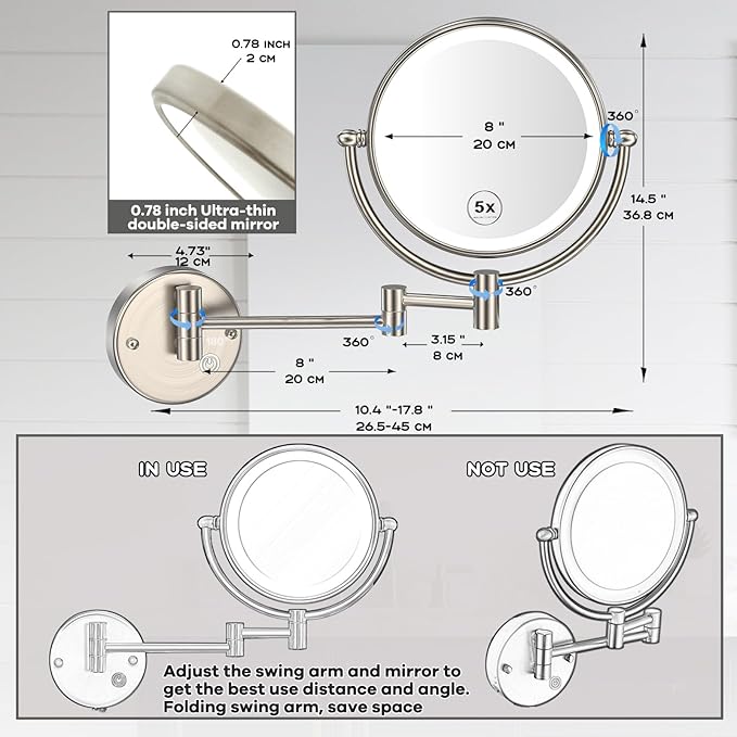 Brass Wall Mounted Lighted Makeup Mirror with Magnification, 5X Wall Magnifying Mirror with Light, Extendable Mirror for Bathroom, Touch Sensor, Brushed Nickel
