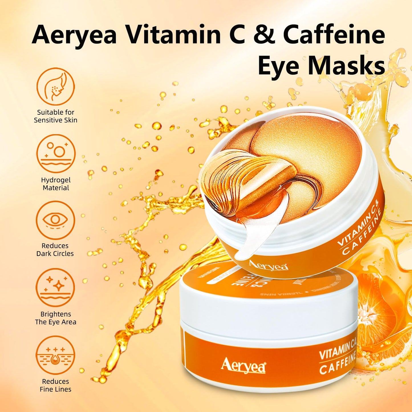 Aeryea Under Eye Patches with Vitamin C & Caffeine 30 Pairs for Dark Circles, Fine Lines and Puffiness, with Niacinamide Hydra-Gel Collagen, Skin Care for Men & Women