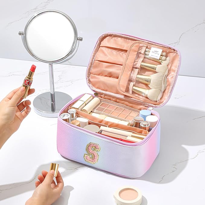 Meiyuuo Large Makeup Bag Cute Travel Pro Cosmetic Bags Personalized Chenille Letter Bag Travel Toiletry Organizer for Women Teen Girls Gifts for Her Preppy Rainbow Pink S