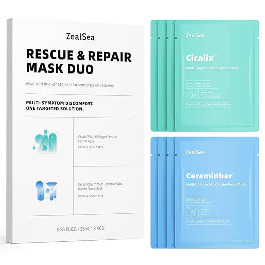 ZealSea Cicalix & Ceramidbar Face Masks Skincare, All-in-one Proven Derm Solution Facial Mask for Visibly Soft | Plump | Quenching | Anti-aging, Soothing & Refreshing, Strengthen & Restore, 4+4 Duo