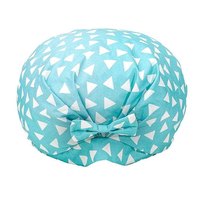 Auban Extra Large Shower Cap, Bowknot Double Layer Reusable Bath Hair Caps With Silky Satin for Women Beauty Bathing, Hair Spa, Home Hotel Travel Use (Blue Triangle)