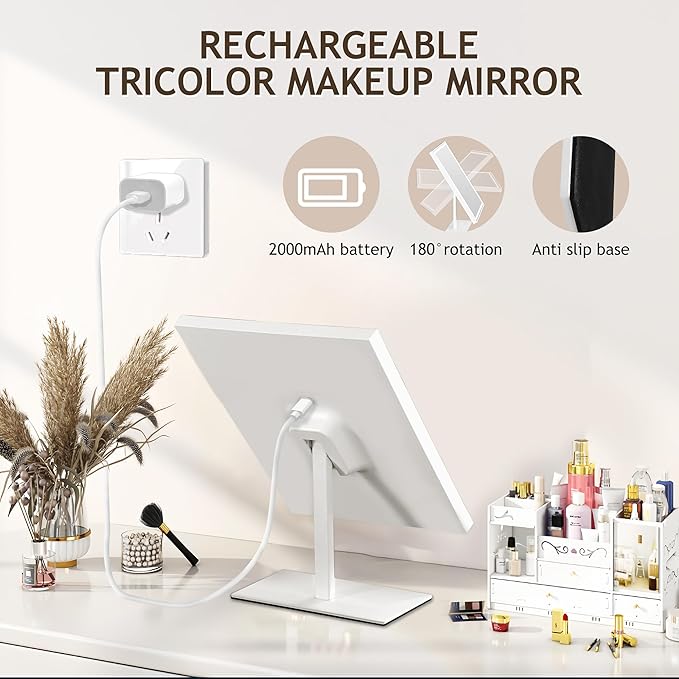 Makeup Mirror with Light 10" x 14",Vanity Mirrors,Lighted Makeup Mirror Tabletop,for Vanity Desk Tabletop, Bedroom，3 Colors Dimmable,120° Rotation.