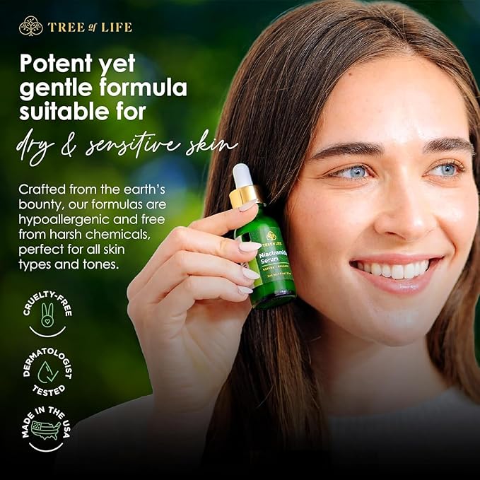Tree of Life Beauty Niacinamide Vitamin B3 Serum, Hydrating Face Oil for Dark and Age Spots, Tightens Pores, Facial Serums for Sensitive Skin Care with Hyaluronic Acid and Vitamin E, 2 Fl Oz