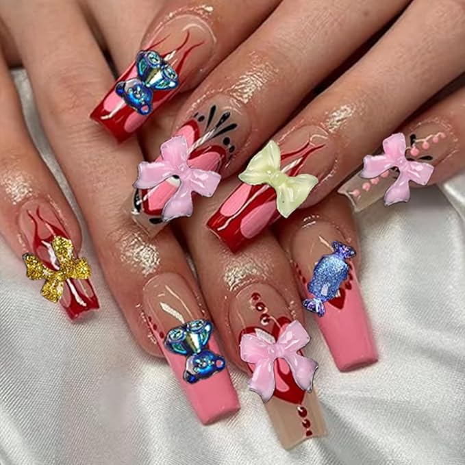 110 Pieces 3D Nail Charms for Acrylic Nails, Camellia Rose Flower Butterfly Bowknot Heart Bear Rabbit Star Charms for Nail Art Designs DIY Accessories Craft(Bear Bow)