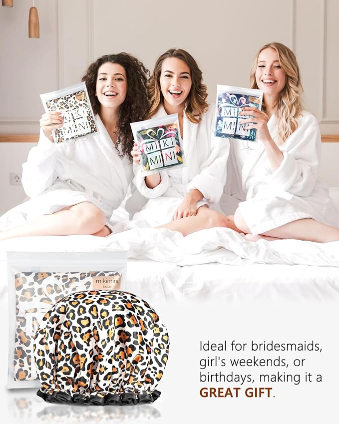 mikimini Leopard Medium Shower Caps Pack of 2,Shower Cap for Girls and Women with Black Lace,Reusable Waterproof Shower Hat for Girls