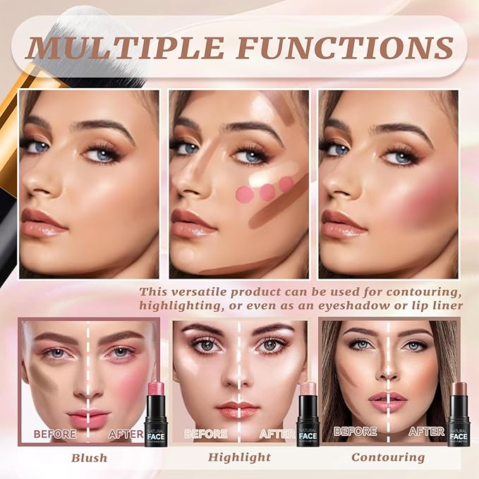 3 Pcs Cream Contour Sticks, Shades with Highlighter Stick, Blush Stick and Bronzer Stick, Contour Stick Eyeshadow Stick Face Contouring Pen Makeup with Contour Brush, Waterproof