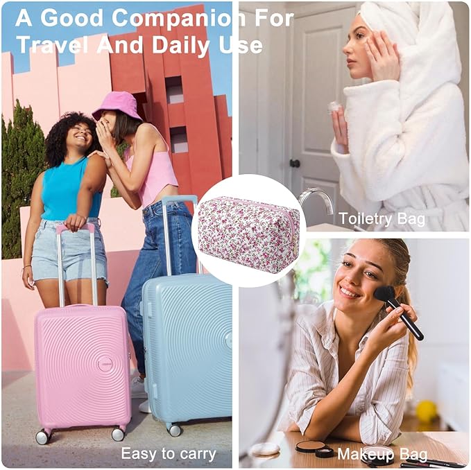 Gleyemor Small Quilted Makeup Bag for Women, Cute Floral Bow Cosmetic Bag, Emergency Bag Travel Toiletry Cotton Pouch Gifts for Girls Her Mom Friend Sister Bridesmaid (Red Small Flower)