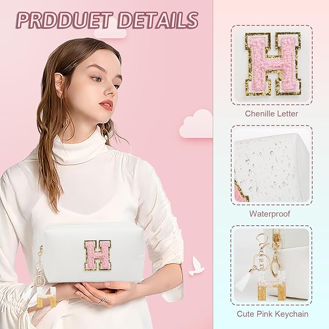 Birthday Gifts for Women Her,Travel Cute Makeup Bag,Large Capacity Cosmetic Bags for Women Makeup Pouch PU Leather Waterproof Cosmetic Bag (H, White)