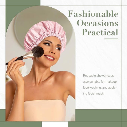 Reusable Shower Cap for Women, Large Waterproof Shower Essentials Bonnet Washable Elastic Band Bath Hair Wrap Hat for Long Hair, Braids(Pink&Beige)