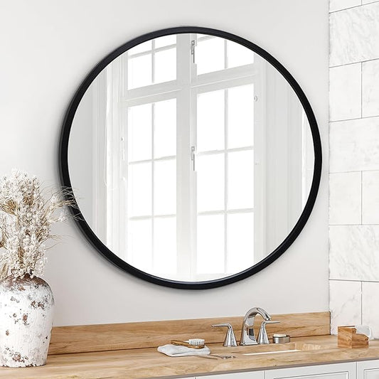 Americanflat 32" Round Mirror - Hanging Mirrors with Durable Frame - Modern Mirror for Bathroom, Bedroom, Living Room - Mirrors for Wall Display and Home Decor - Black