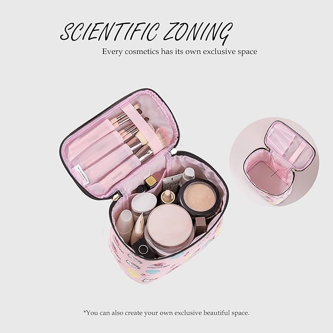 AmBealla Cosmetic Bag Large Makeup Bags Pink Travel Case with Makeup Brush Holder，2PCS Cosmetic Organizer for Women, Toiletry Storage Bag for Skincare & Beauty Tools Sweet Cute for Girls