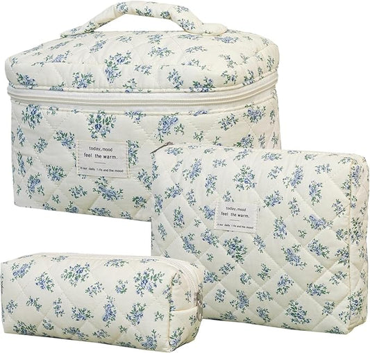3 PCS Cosmetic Bag, Quilted Makeup Bag Set, Large Floral Cotton Make Up Bag for Women, Flower Travel Toiletry Organizer Bag, Coquette Makeup Pouch (Blue Flower)