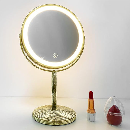 8" Gold Makeup Mirror with Lights - 10X Magnifying Vanity Mirror, 3 Color LED, Adjustable Brightness, 360° Swivel, Rechargeable - Desk/Bathroom Mirror (Gold)