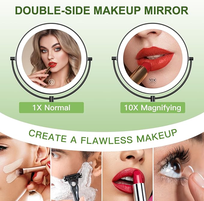 Anfauny 9 Inch Wall Mounted Lighted Makeup Mirror, Double Sided 1X/10X Magnifying LED Vanity with 3 Color Lights and Stepless Dimming, 360°Swivel Extendable Cosmetic for Bathroom- Black