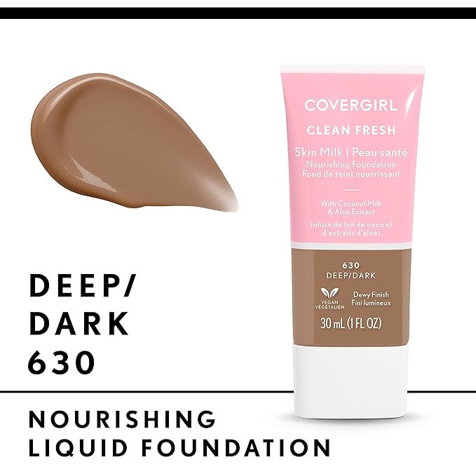 COVERGIRL Clean Fresh Nourishing Skin Tint, 630 Deep/Dark, Liquid Foundation, Dewy Finish, Infused with Coconut & Aloe, Vegan Formula