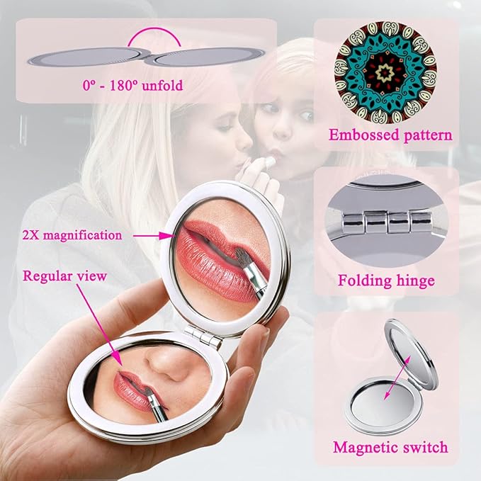 Magnifying Travel Makeup Compact Mirror Small Mirrors Bulk Handheld Pocket Purse Folding Portable Dual Beauty Cosmetics Mini Mirror for Women Girls Lady Men Mandala Mixed Designs 6 Pack