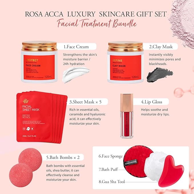Christmas Gifts for Women, Red Rose 32 Pcs Facial Skin Care Set, Luxury Bath and Body Gifts, Spa Set & Self-Care Gifts, Lip Gloss, Face Sheet Mask, Serum, Present, Birthday, Valentines, Mother Day