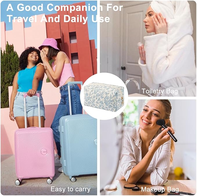 Gleyemor Small Quilted Makeup Bag for Women, Cute Floral Bow Cosmetic Bag, Emergency Bag Travel Toiletry Cotton Pouch Gifts for Girls Her Mom Friend Sister Bridesmaid (Blue Floral)