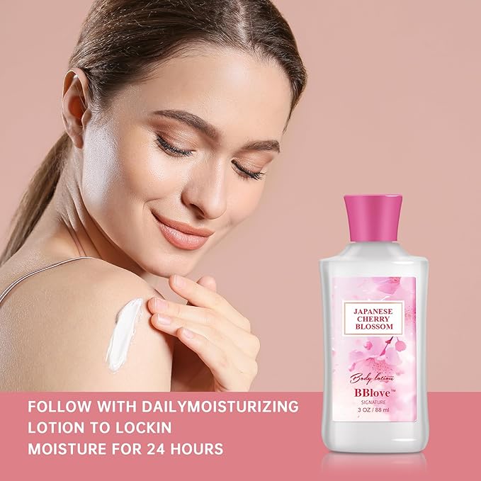 Bath and Body Gift Set for Women & Girls, Japanese Cherry Blossom, 4PCS Set for-Shower Gel, Body Lotion, Body Mist, Exfoliating Scrub, Body Care Travel Set for Birthday Mother's Day Gifts