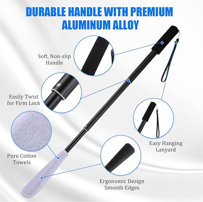 Sunnyray 2 Set Toe Cleaning Brush with Reusable Drying Covers Foot Cleaner with Telescopic Aluminum Alloy 12-24 Inch Long Handled Toe Lotion Applicator for Seniors Elderly Disabled Men and Women