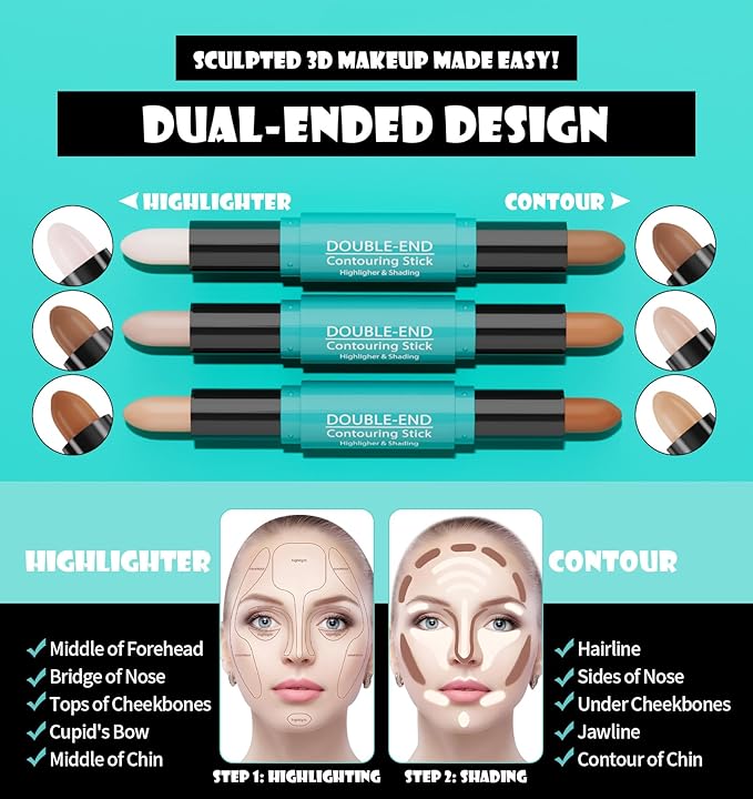 Dual-Ended Contour Stick, Face Shaping & Contouring Stick, Highlighter Makeup Pen for All Skin Tones