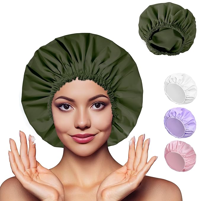Shower Cap for Women Set of 4, 1 Double-Layer Waterproof Bath Cap + 3 Single-Layer Waterproof Shower Caps – Reusable Hair Protector, TPU Coated Elastic Bathing Cap for Women & Men - Dark Green